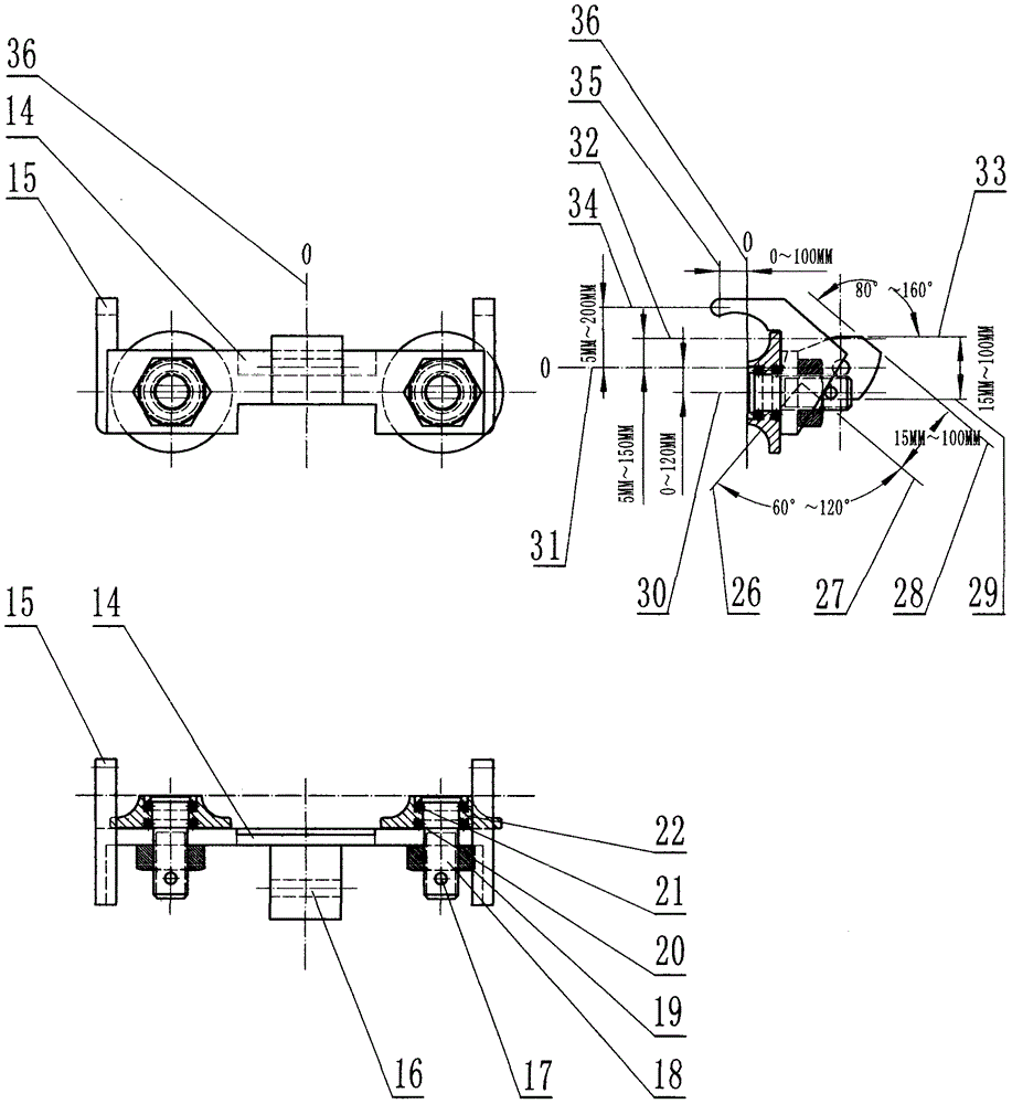 Crane tackle with plunger spring automatically conducting clamping during stress and five wheels rapidly hanging-in or quitting