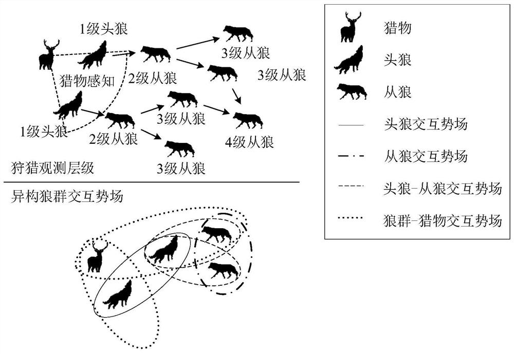 Unmanned combat aircraft cluster encirclement control method simulating wolf pack hunting behavior