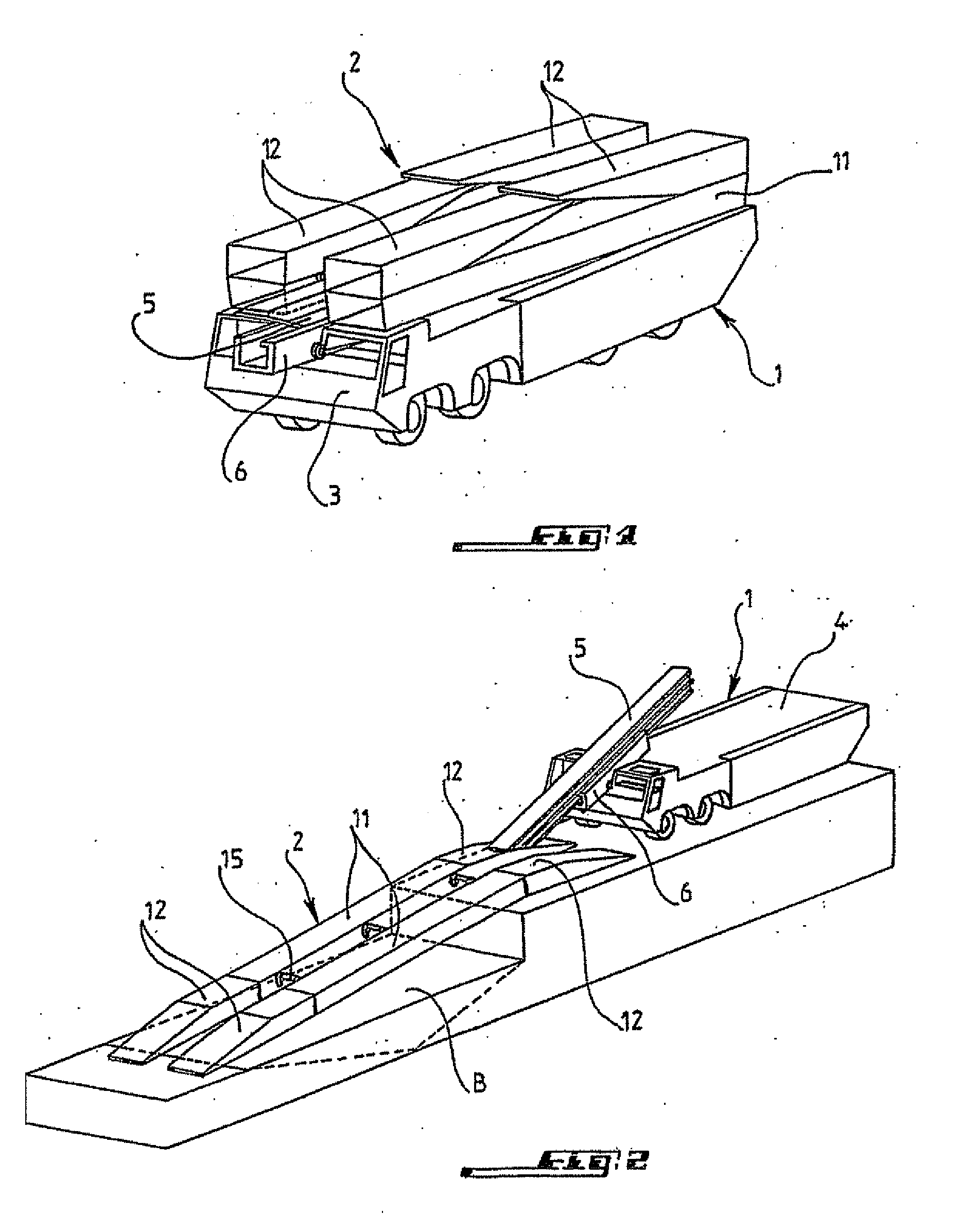 System for transporting a span on a road vehicle capable of being transformed into an amphibious vehicle enabling the crossing of a dry or water-filled gap by any road vehicle