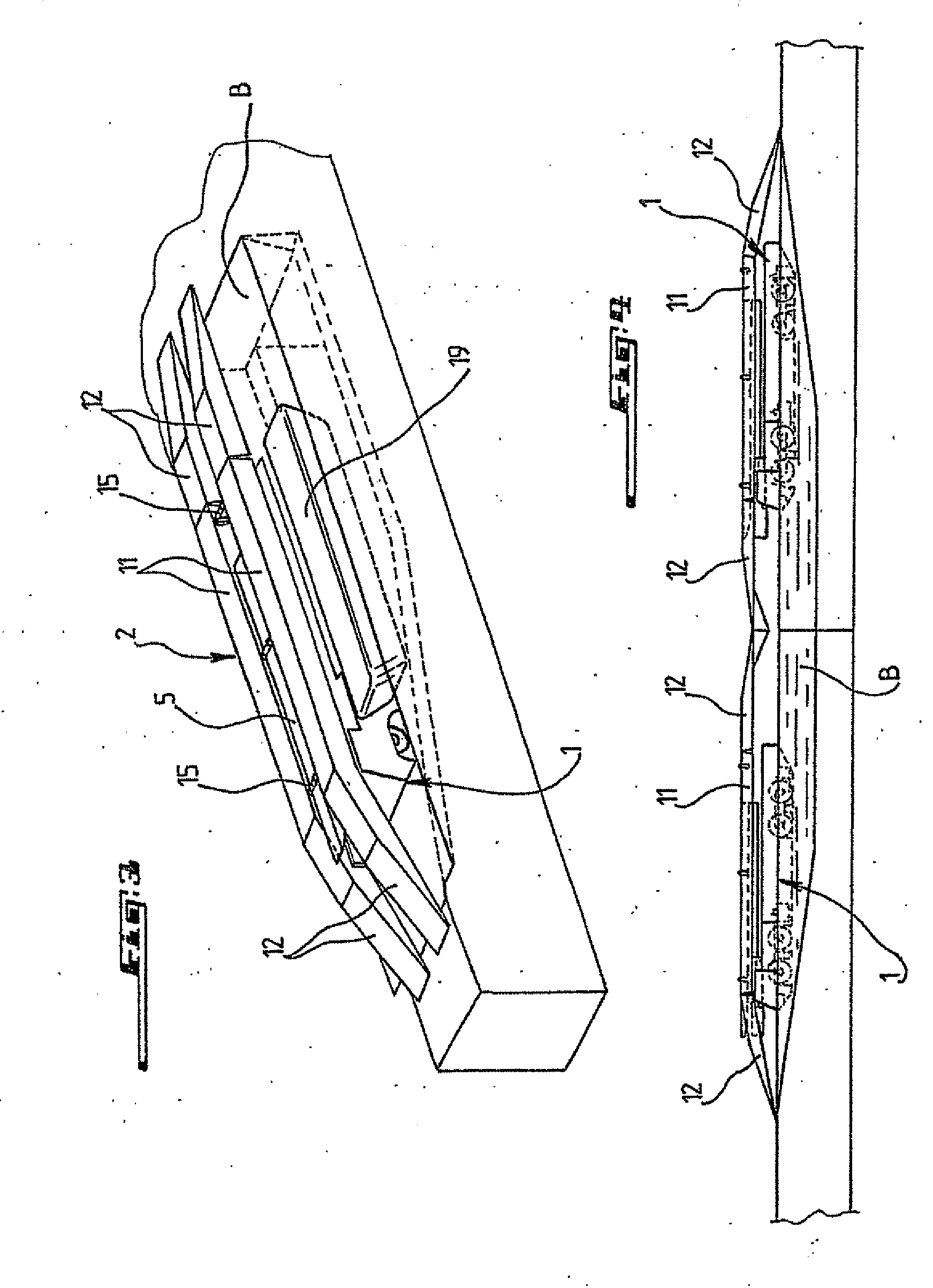 System for transporting a span on a road vehicle capable of being transformed into an amphibious vehicle enabling the crossing of a dry or water-filled gap by any road vehicle