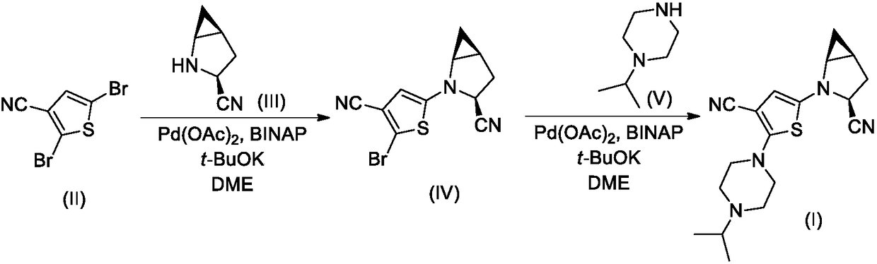 Isopropylpiperazine thiophene bicyclic nitrile compound as well as preparation method and application thereof