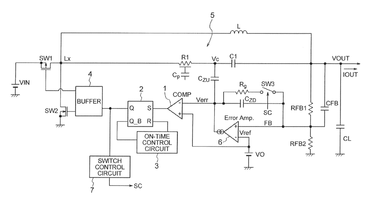 Switching power supply circuit having a switching element and a free-wheeling element and adapted to turn on or off at least the switching element