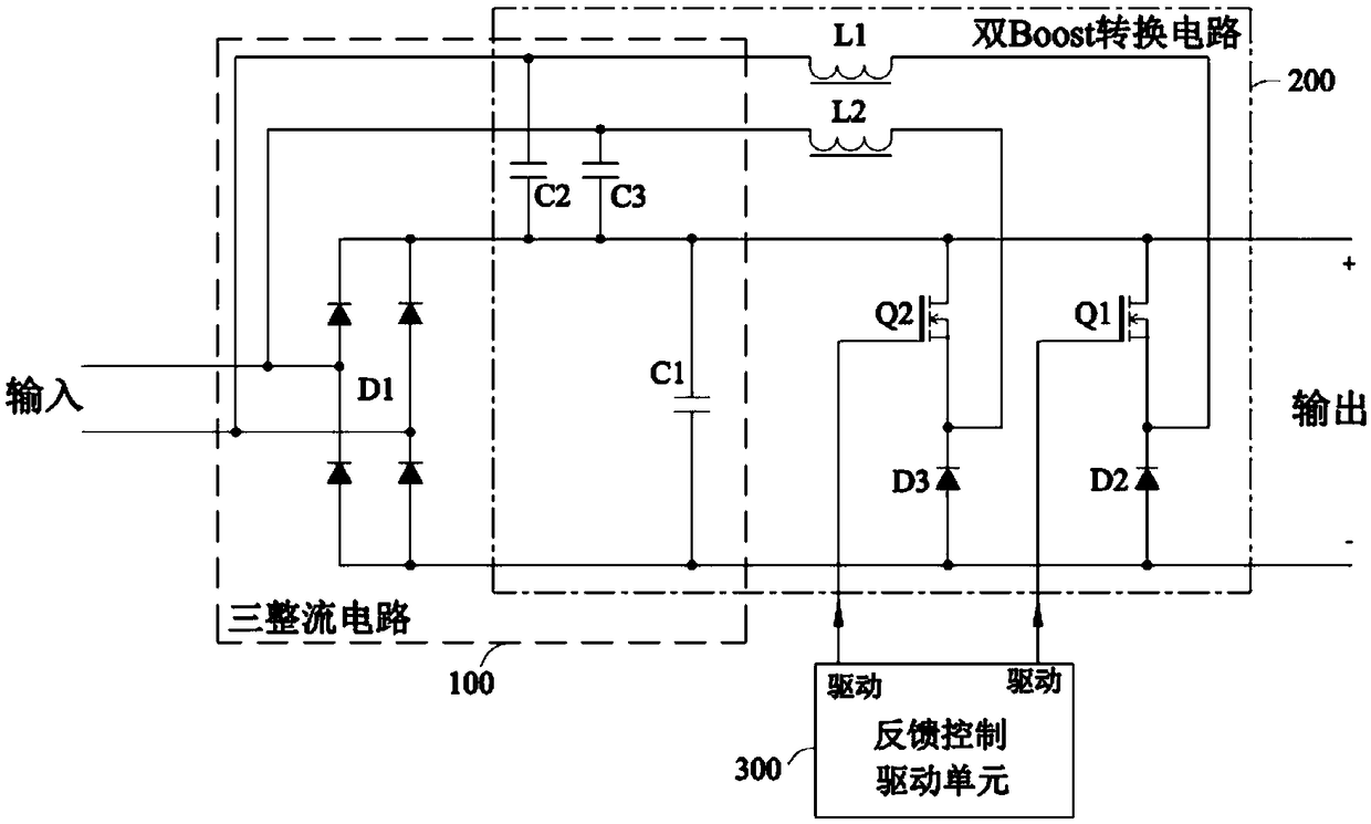 A bridgeless three-rectifier Boost power supply circuit