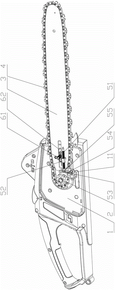 An electric chain saw chain tension adjustment device