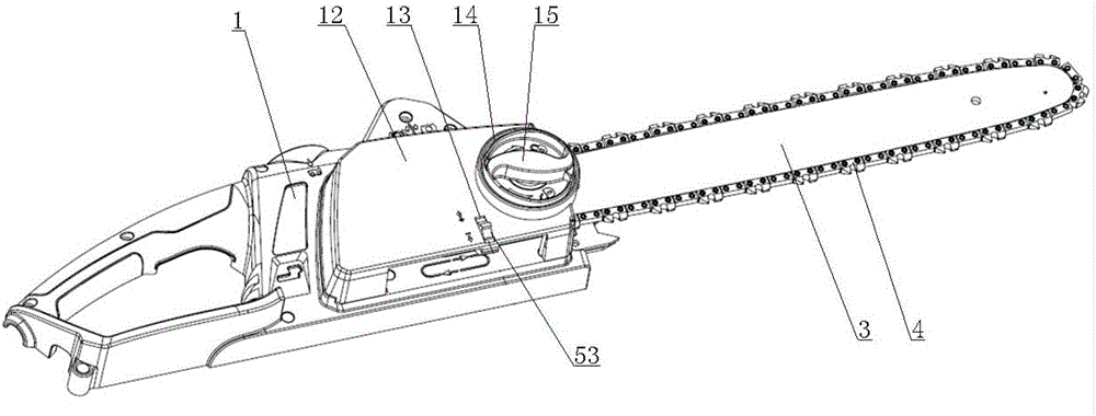 An electric chain saw chain tension adjustment device