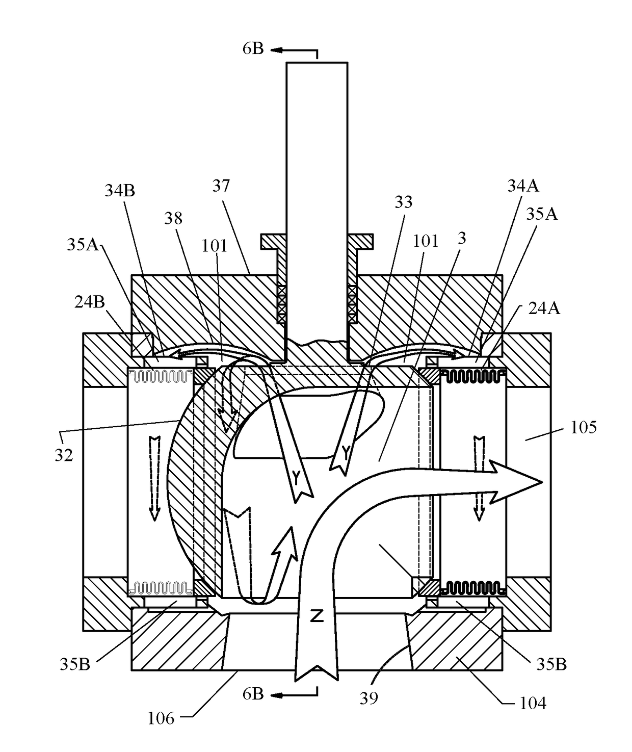 Multi-port ball valve with induced flow in ball-body cavity