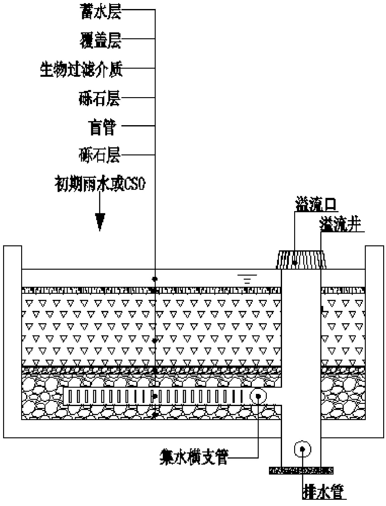 Integrated initial rainwater graded biological filtration and retention system