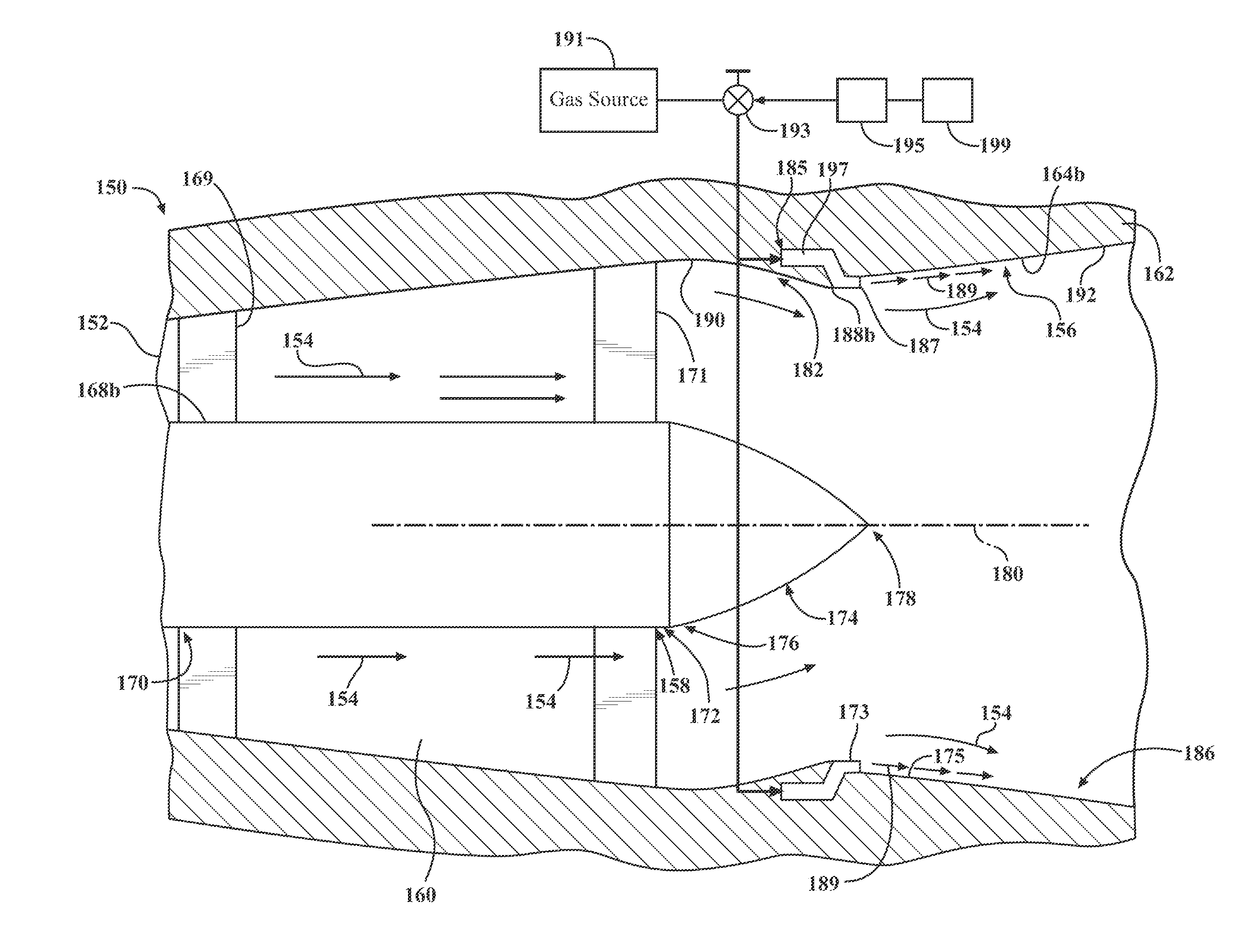 Turbine exhaust diffuser with region of reduced flow area and outer boundary gas flow