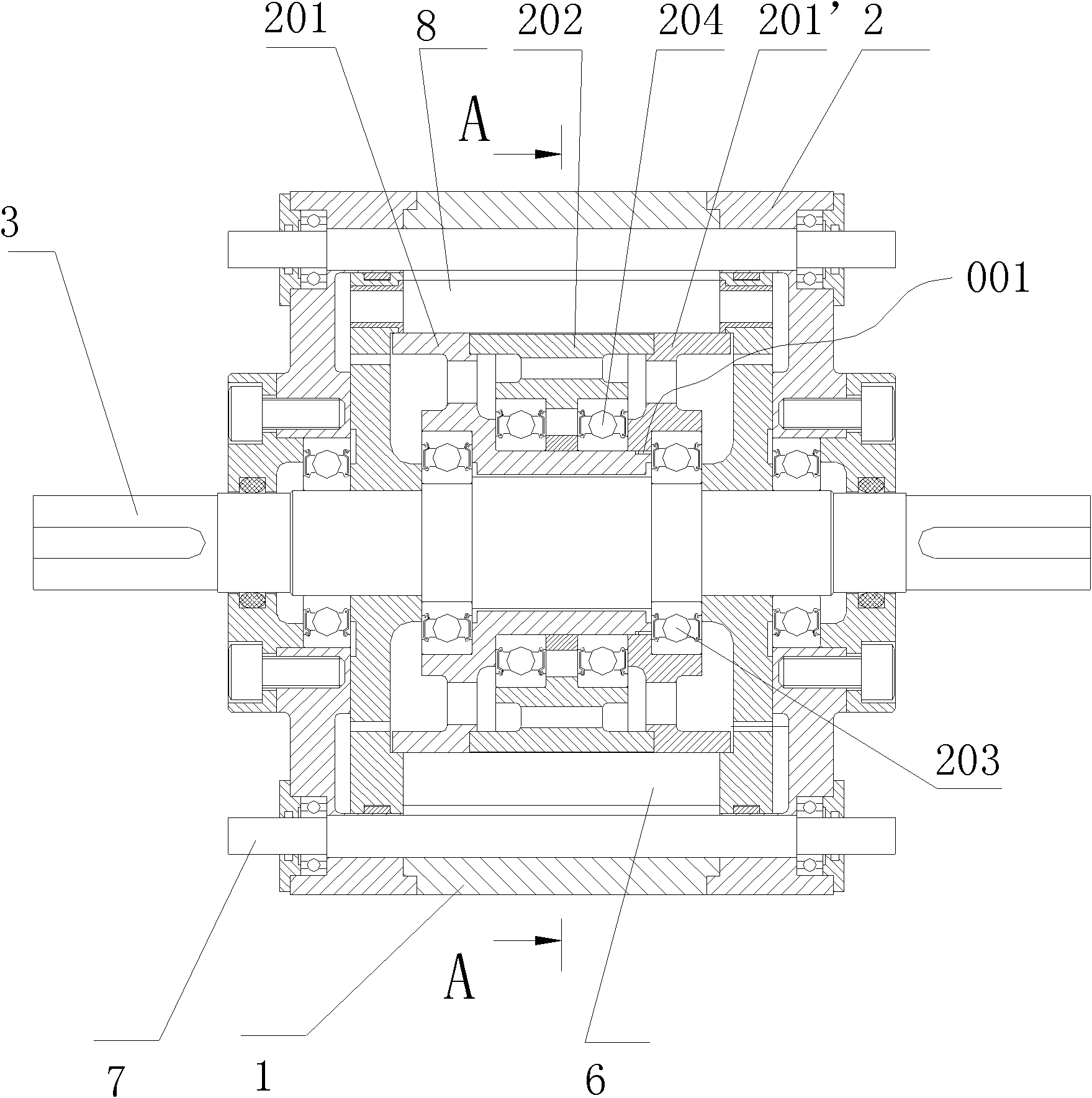 Star-spinning type rotation device with double sun wheels, engine and fluid machine