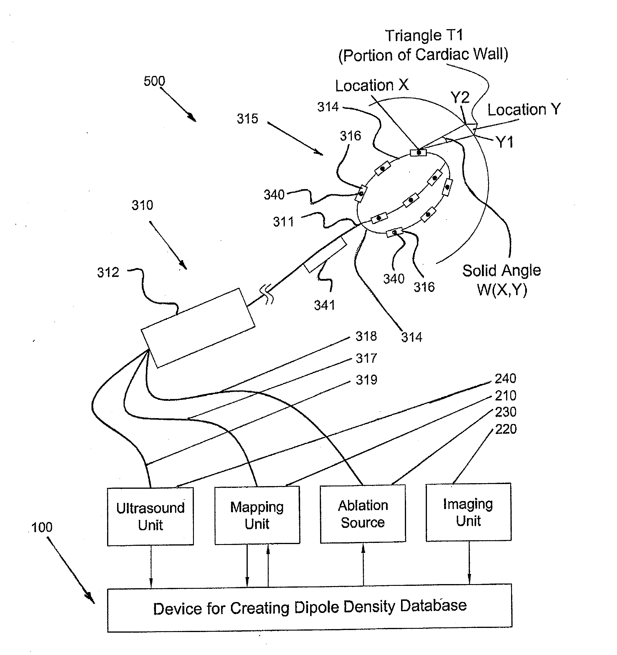 Device and method for the geometric determination of electrical dipole densities on the cardiac wall