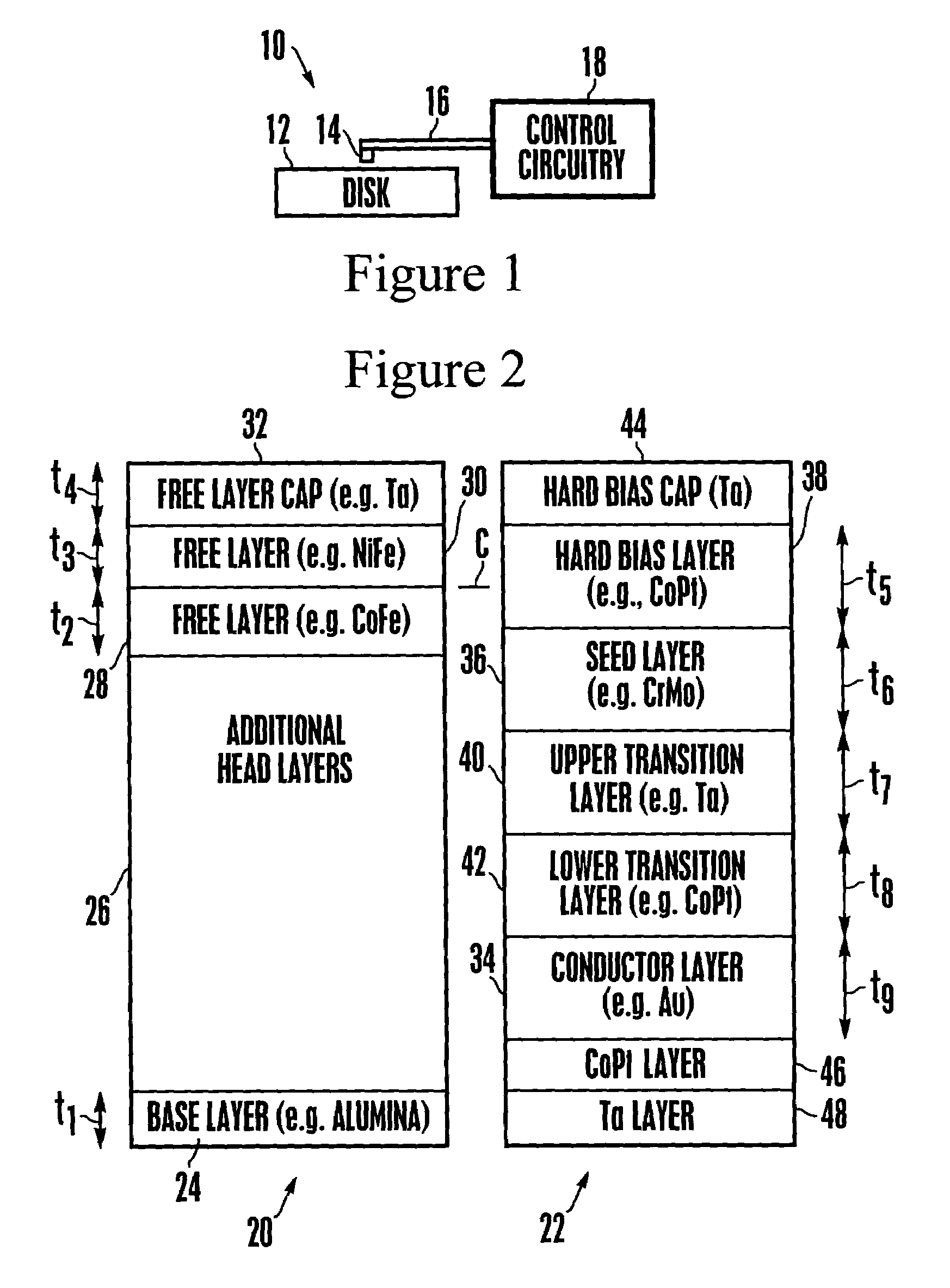 Hard bias magnetic structure including a conductive layer and a transition layer and a seed layer