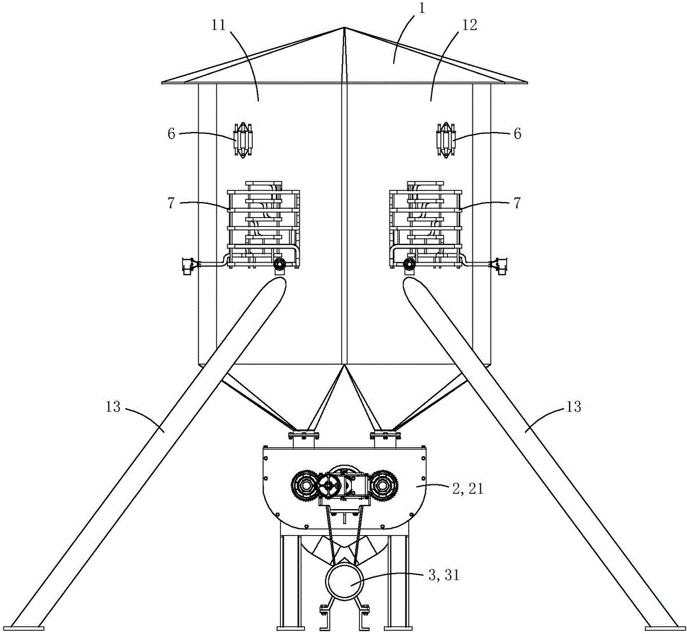 Double-body electric grain unloading granary with ventilating and heat exchange functions