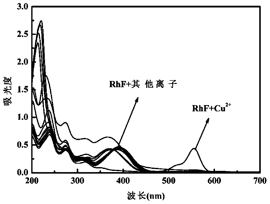 Copper ion ratio type fluorescent probe based on rhodamine derivative and preparation method and application