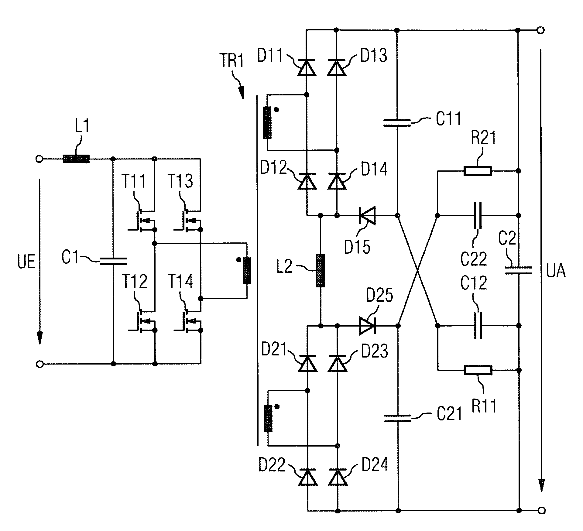 Powering unit with full bridge and wide adjusting range circuit