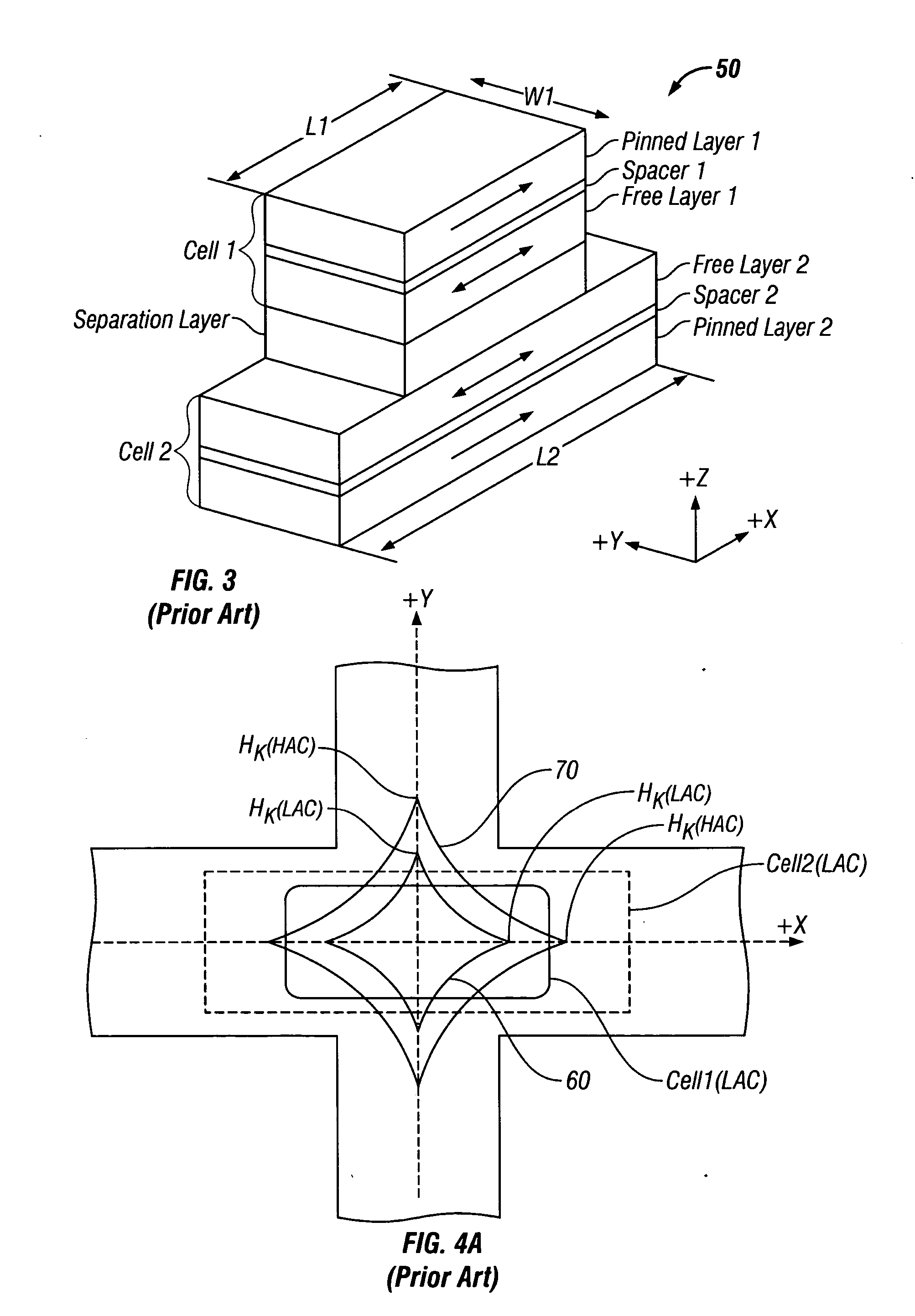 Magnetic random access memory with stacked memory cells having oppositely-directed hard-axis biasing