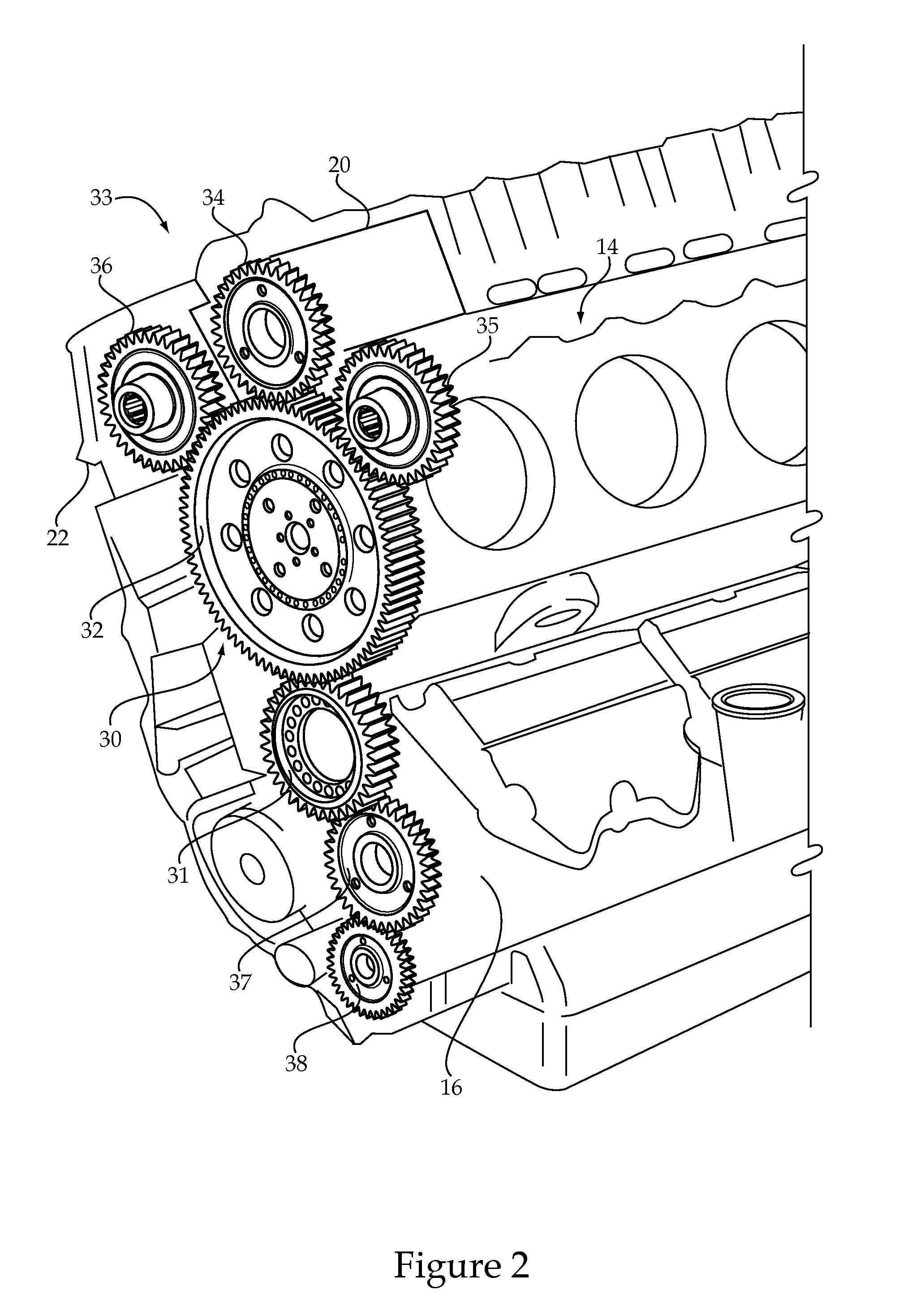 Engine with stub shaft supported cam gear and machine using same