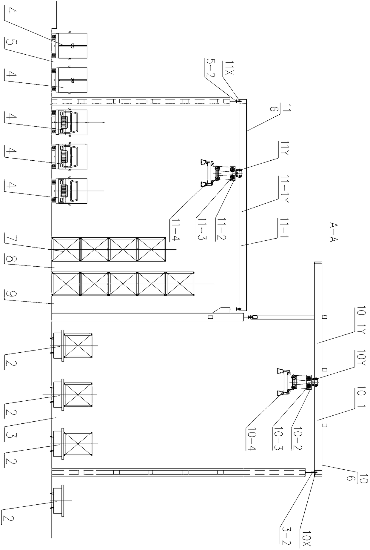 Railway container freight yard and delivery device thereof