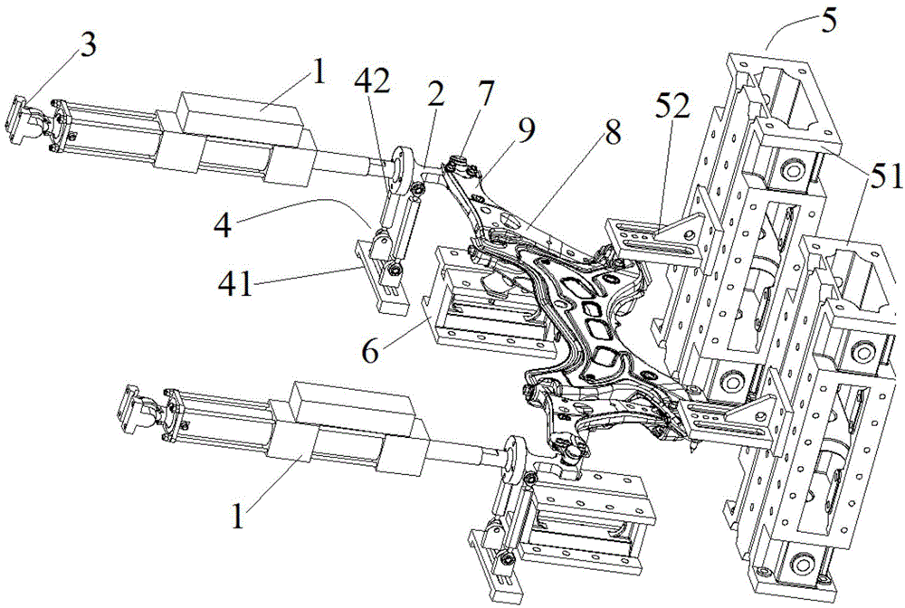 Longitudinal multi-level spectrum loading test bed provided with control arm assembly and used for auxiliary frame as well as test method adopting test bed