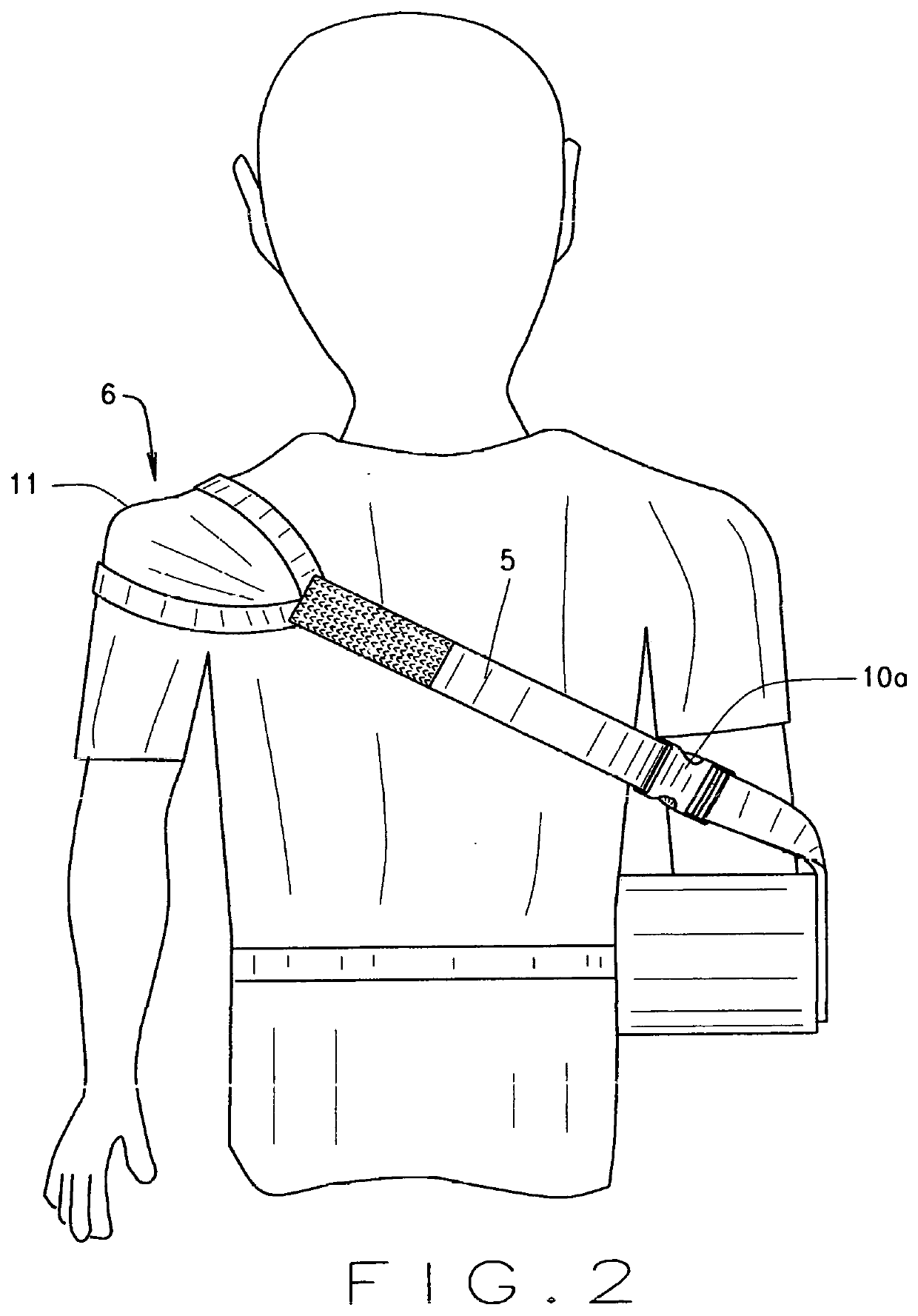 Shouldered arm sling with shoulder saddle for ergonomically and comfortably disseminating the weight of the supported arm during convalescence