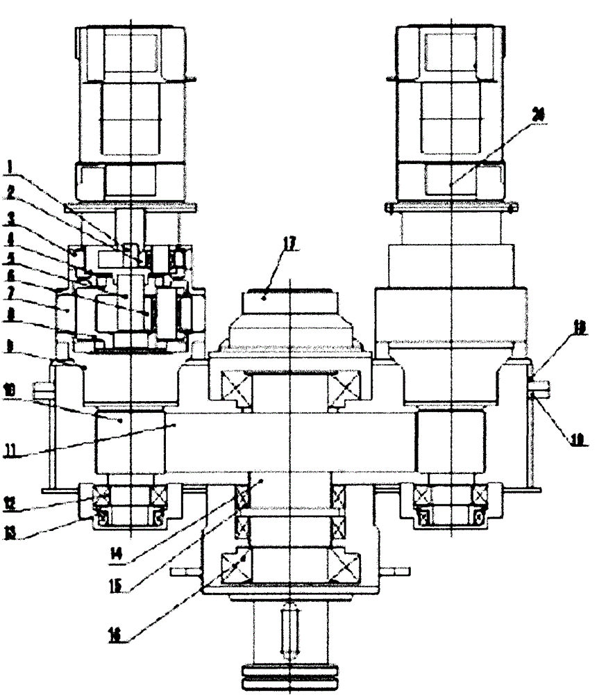 Inner gearing four-split pile driver reducer with inverted motors