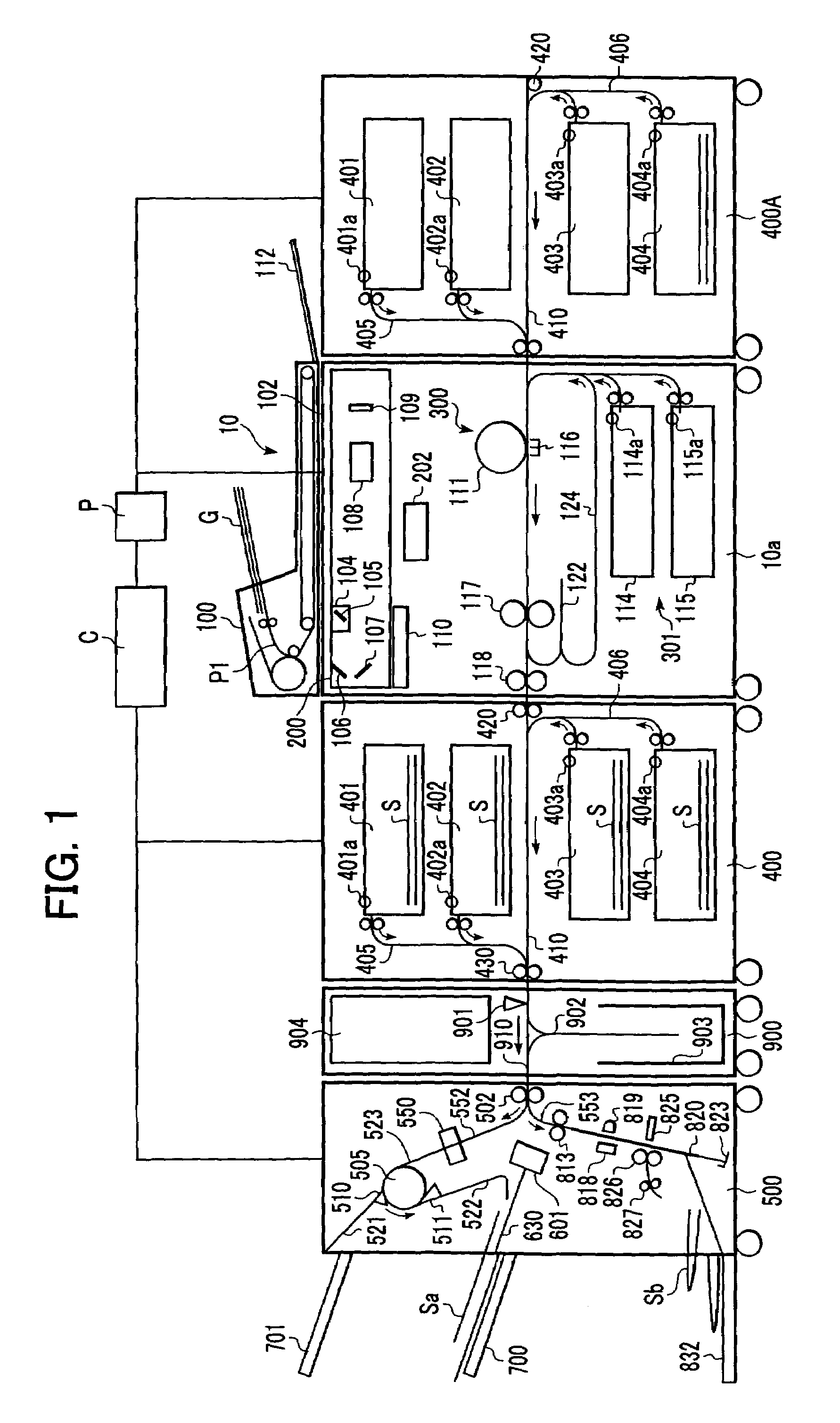 Sheet feeding device with plural sheet feeding means feeding in opposite directions to sheet post-processing system