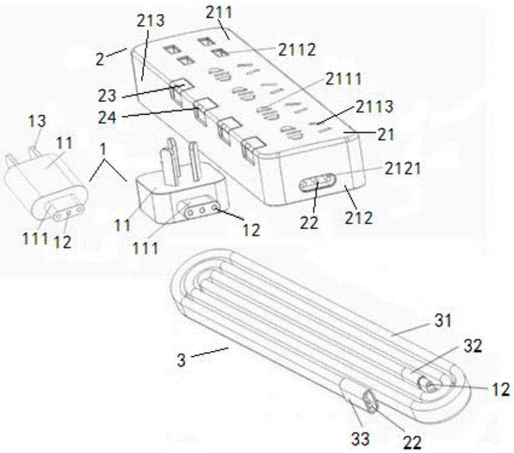 Modular extension socket and sockets, plug and power line thereof