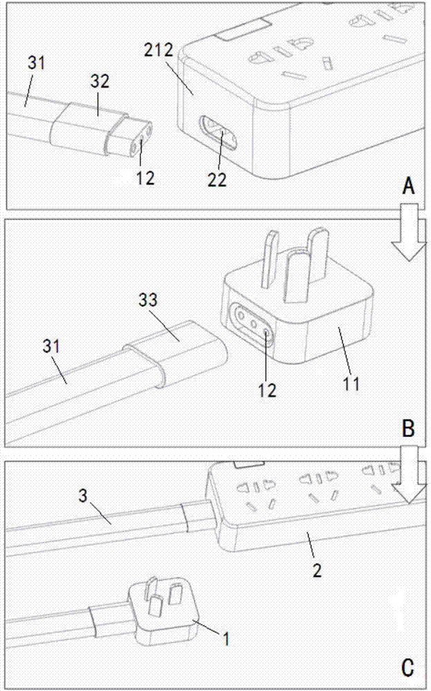 Modular extension socket and sockets, plug and power line thereof