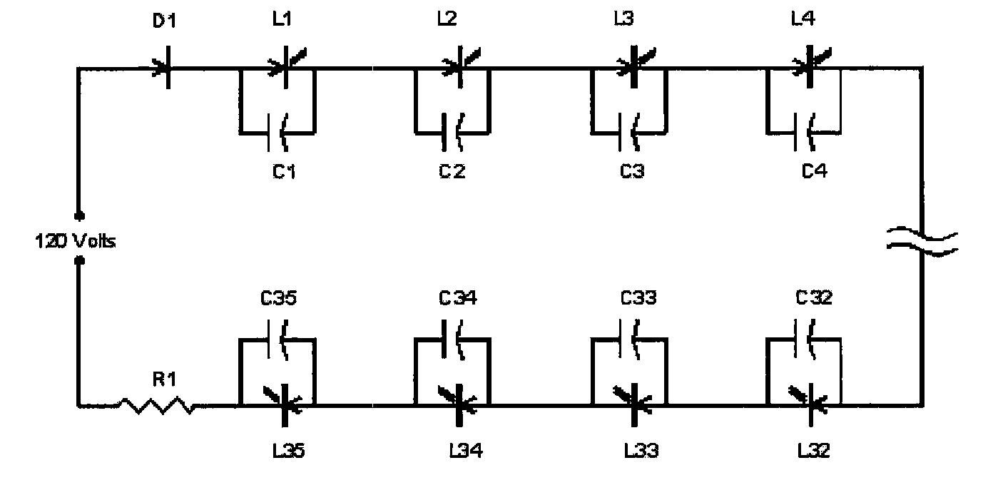 Capacitor shunted LED light string