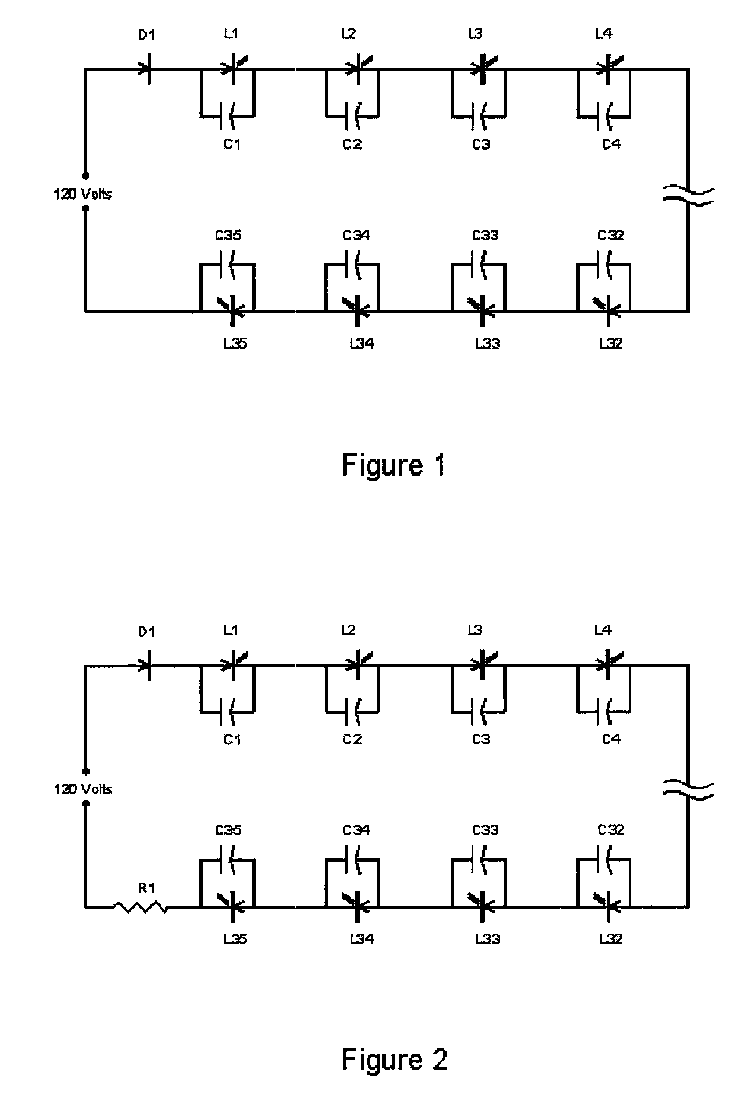 Capacitor shunted LED light string