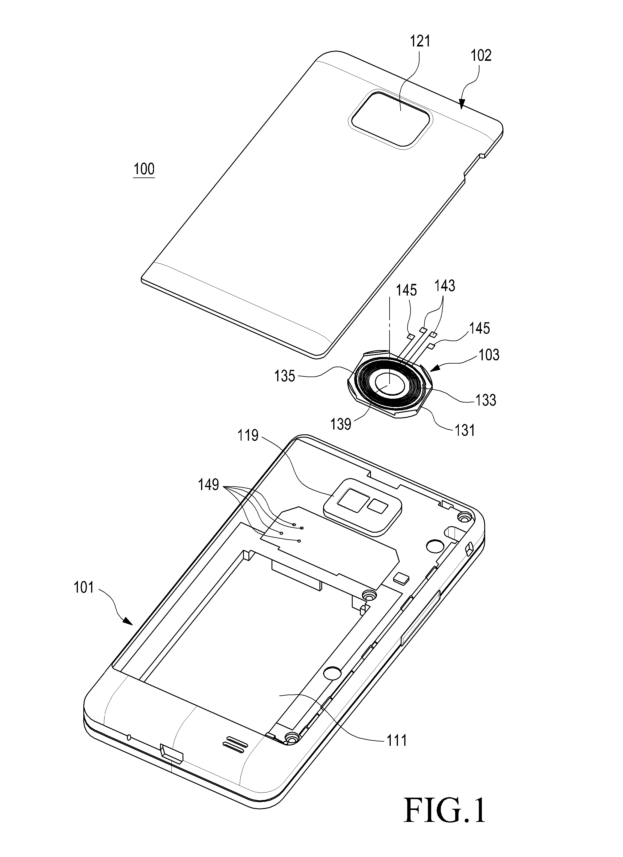 Portable terminal having a wireless charger coil and an antenna element on the same plane
