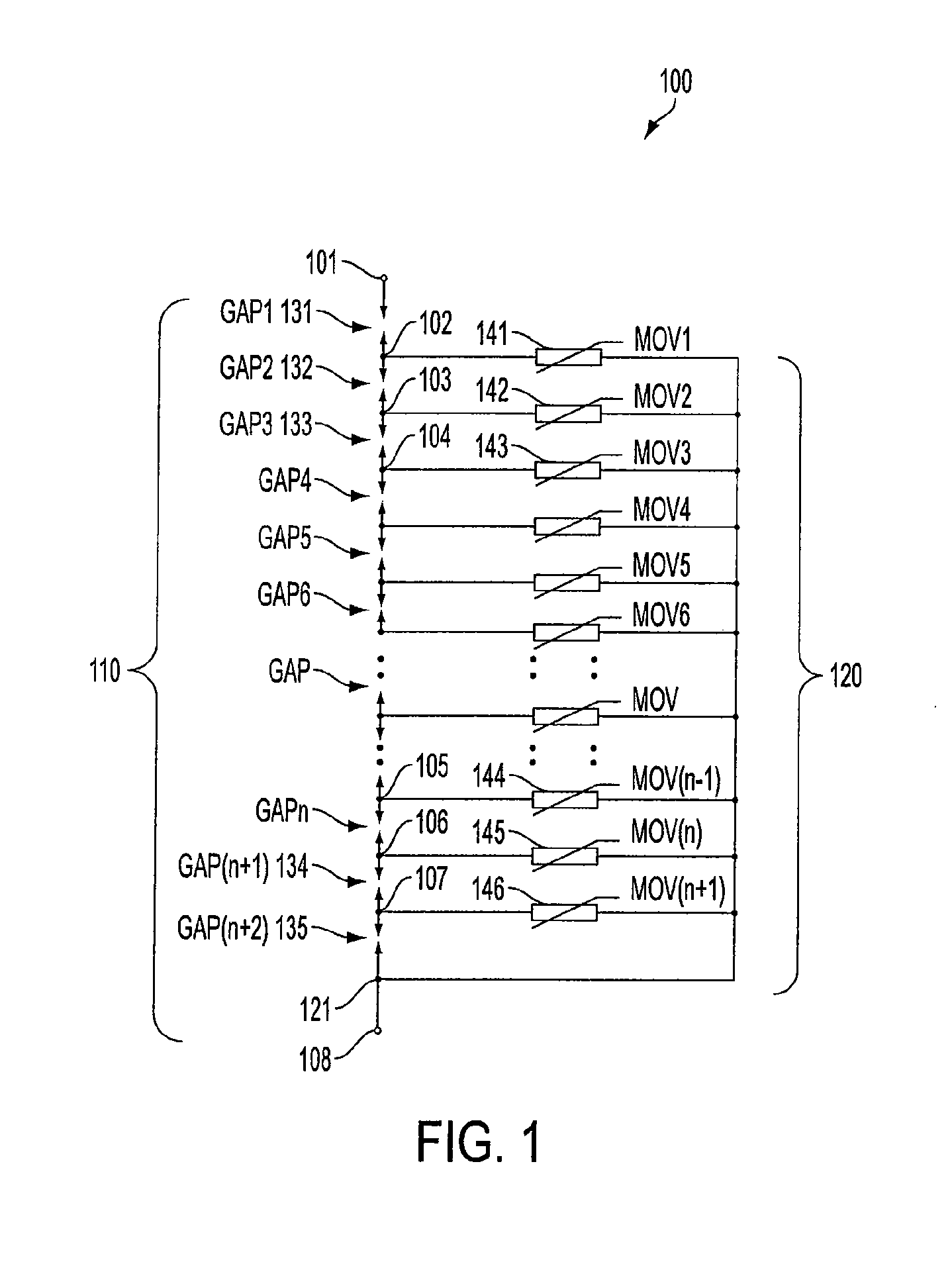 SURGE PROTECTION DEVICE USING METAL OXIDE VARISTORS (MOVs) AS THE ACTIVE ENERGY CONTROL MULTIPLE GAP DISCHARGING CHAIN
