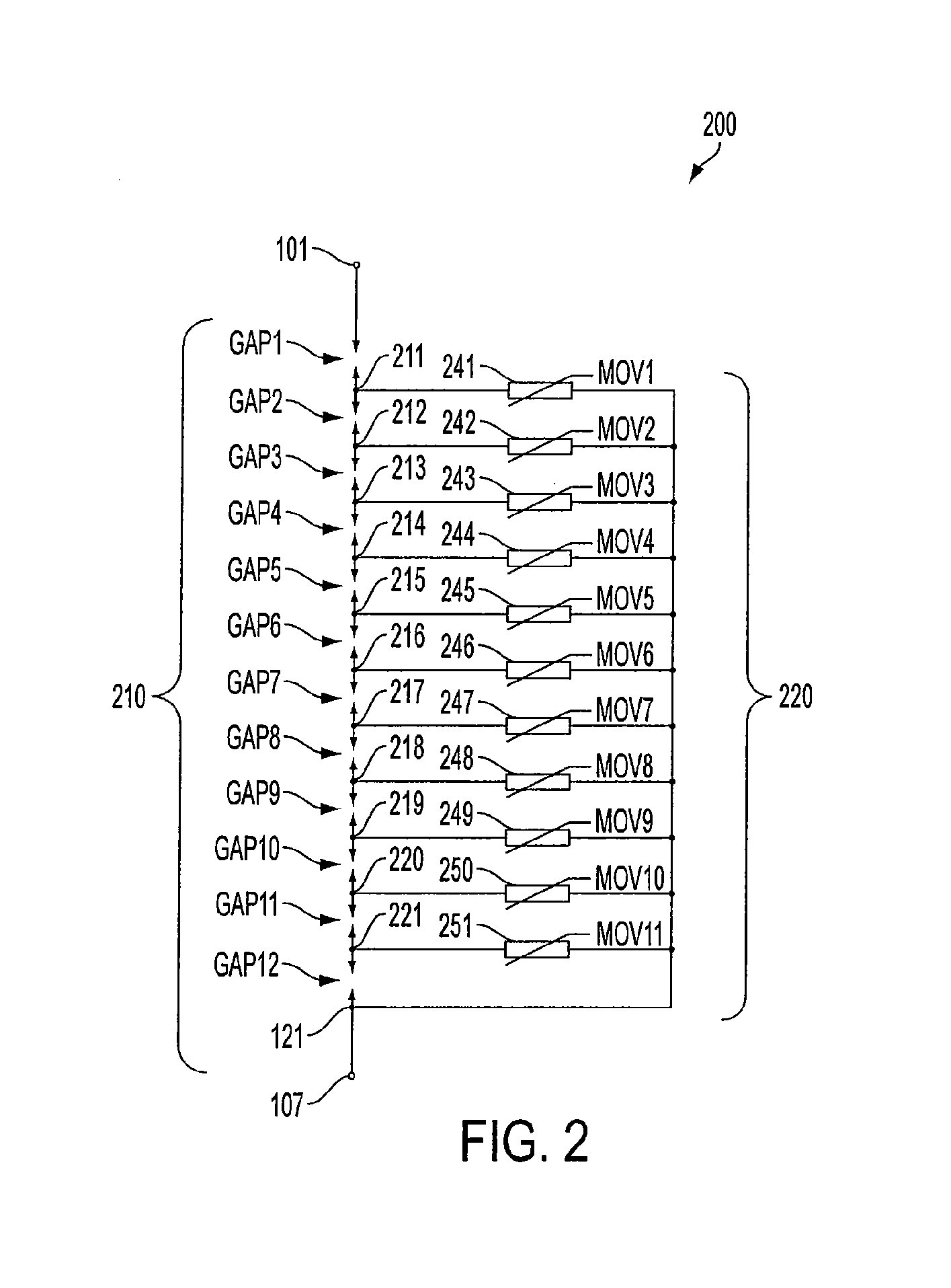 SURGE PROTECTION DEVICE USING METAL OXIDE VARISTORS (MOVs) AS THE ACTIVE ENERGY CONTROL MULTIPLE GAP DISCHARGING CHAIN