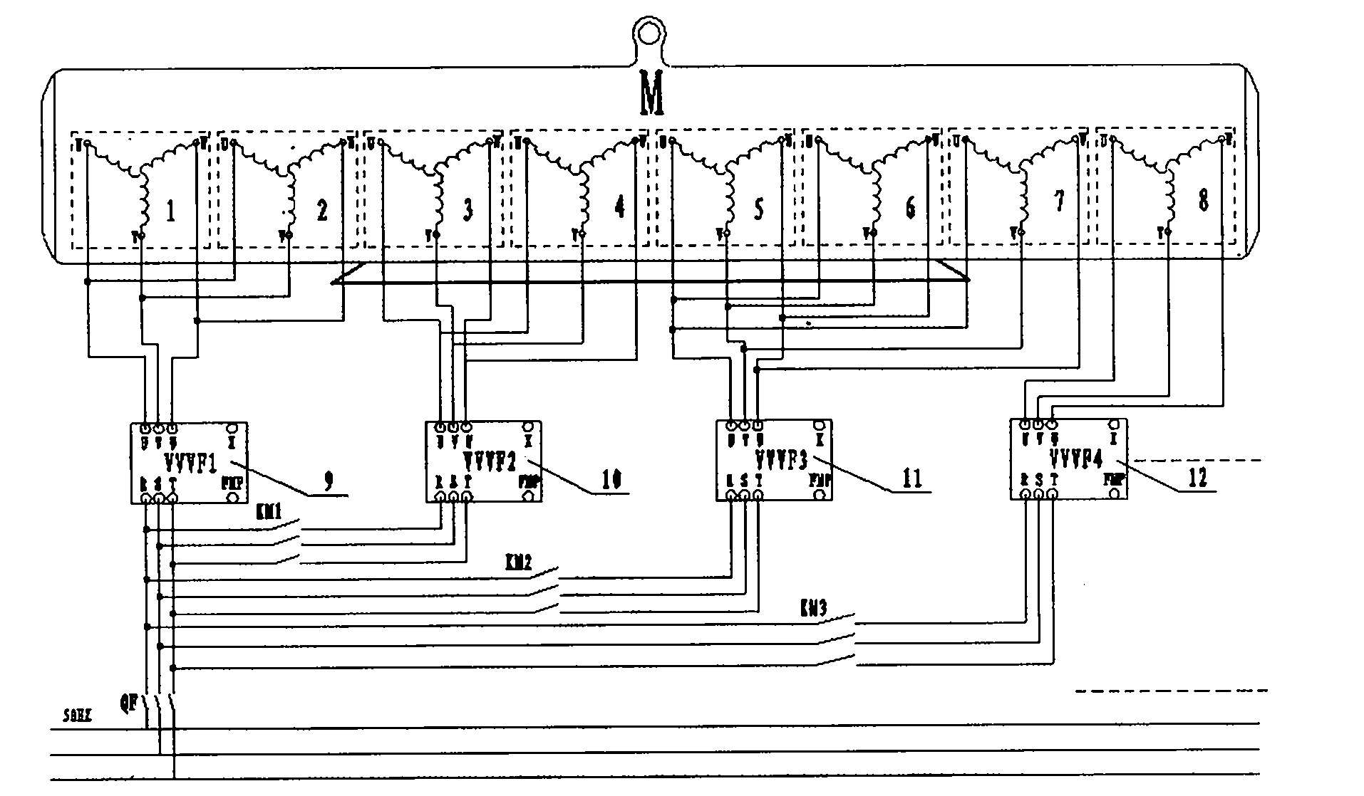 Multi-frequency converter speed-adjusting system for low-voltage high-power multi-branch AC motor