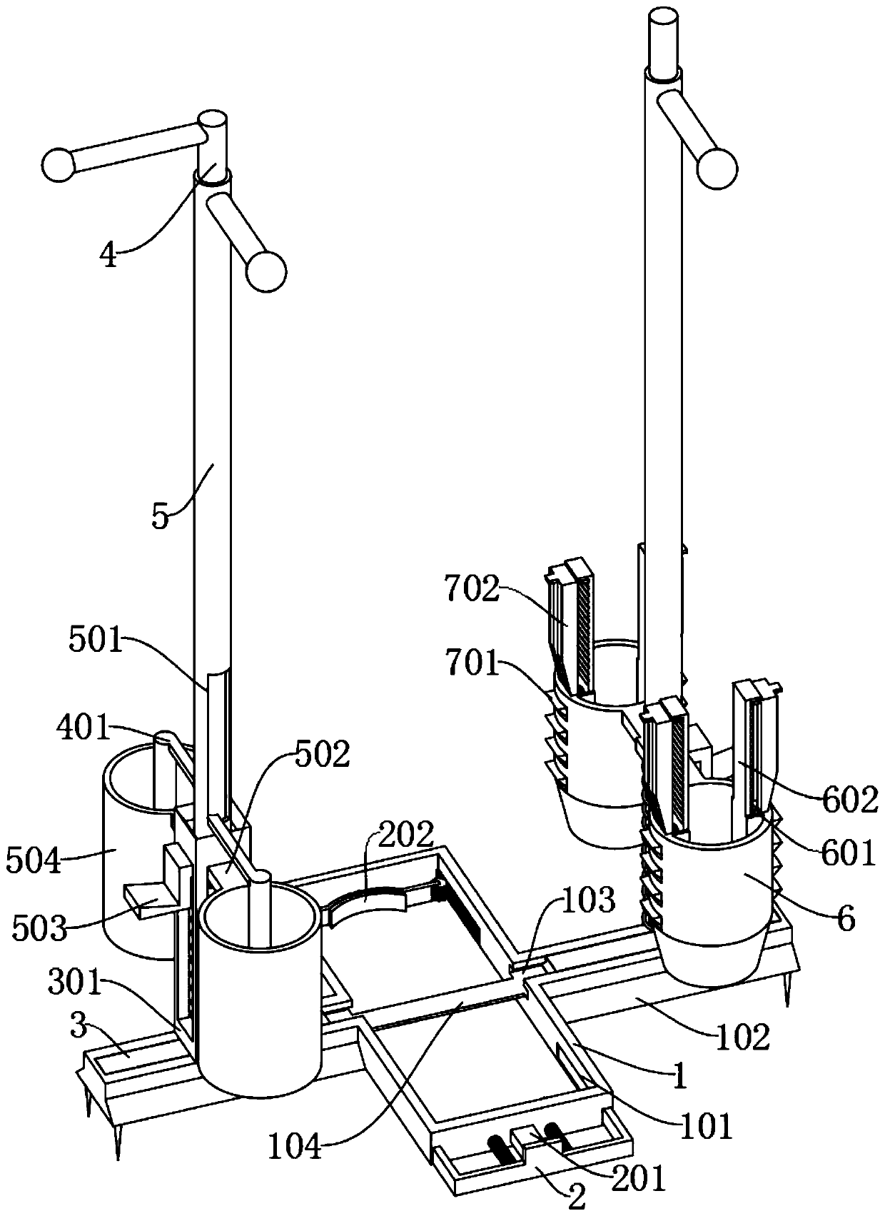 Garden landscape maintenance-based soil film mulching device capable of advancing for flower and plant transplanting