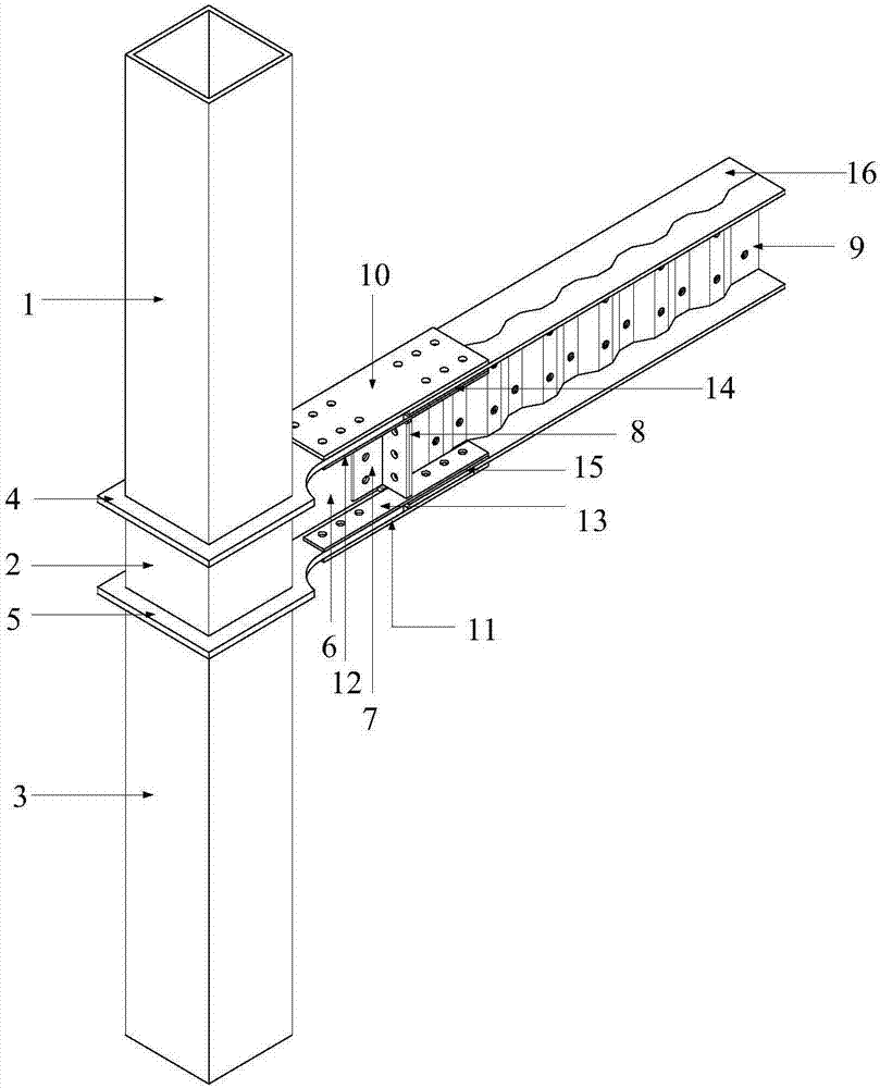 End plate assembly type corrugated web grip beam-column joint connection device with recoverable function