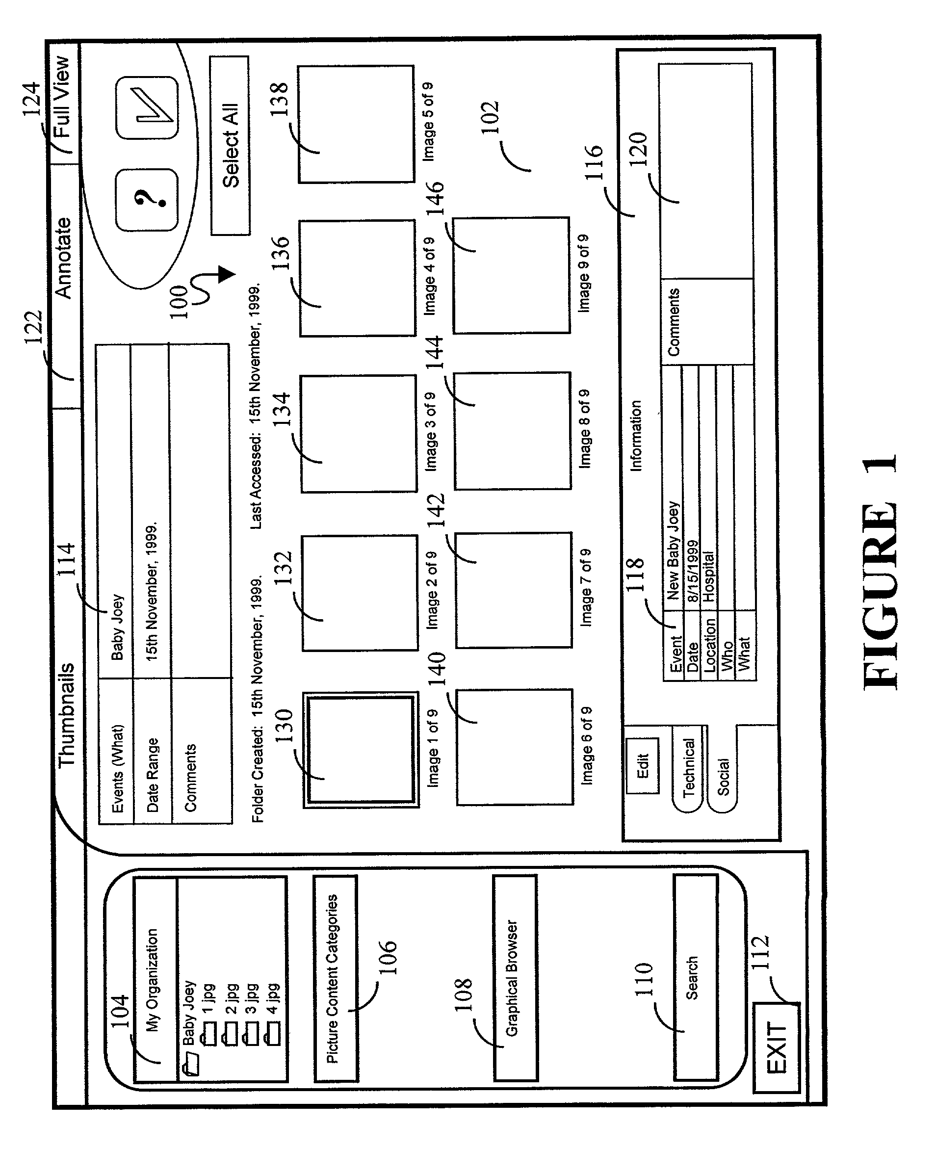 Graphical user interface adapted to allow scene content annotation of groups of pictures in a picture database to promote efficient database browsing