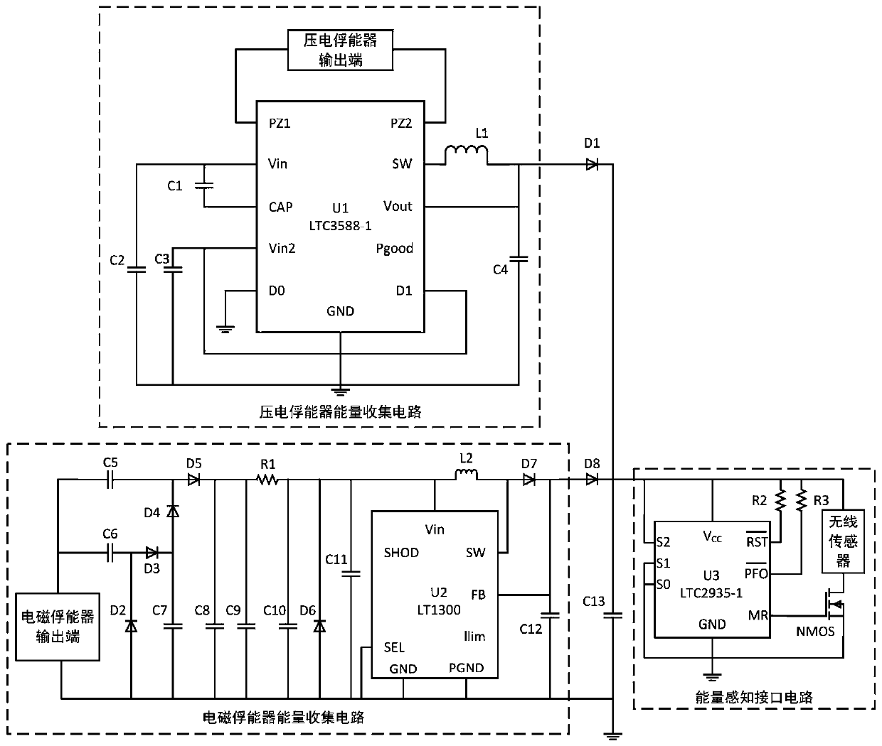 Piezoelectric electromagnetic hybrid energy harvester energy management circuit for powering wireless sensors