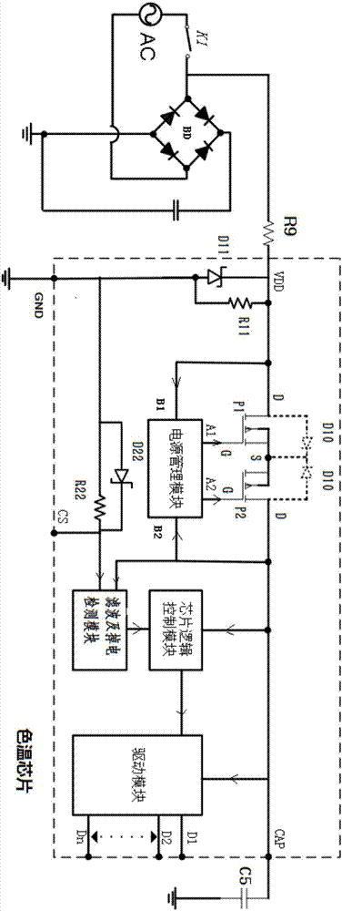 Color temperature chip for detecting LED wall switch and circuit using same