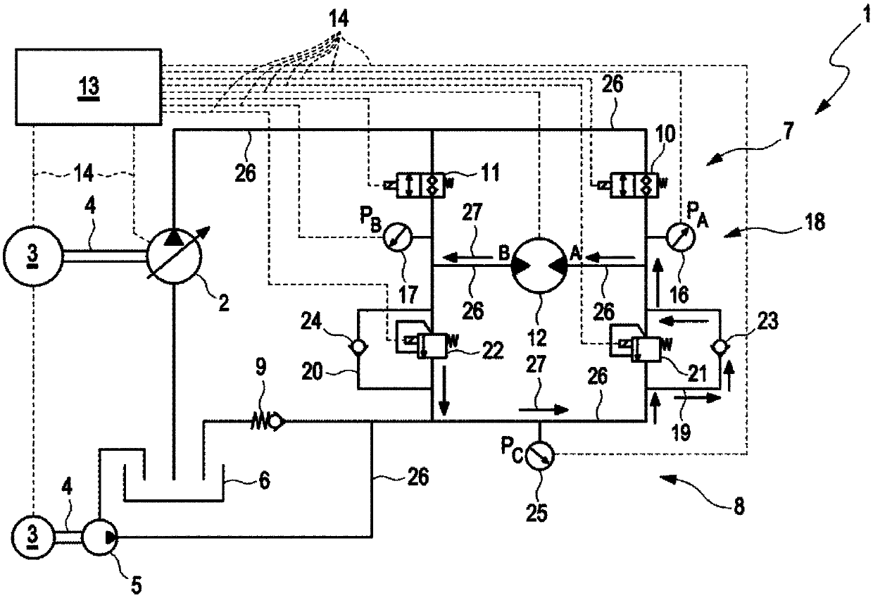 Open hydraulic fluid flow circuit arrangement and method of controlling the hydraulic circuit