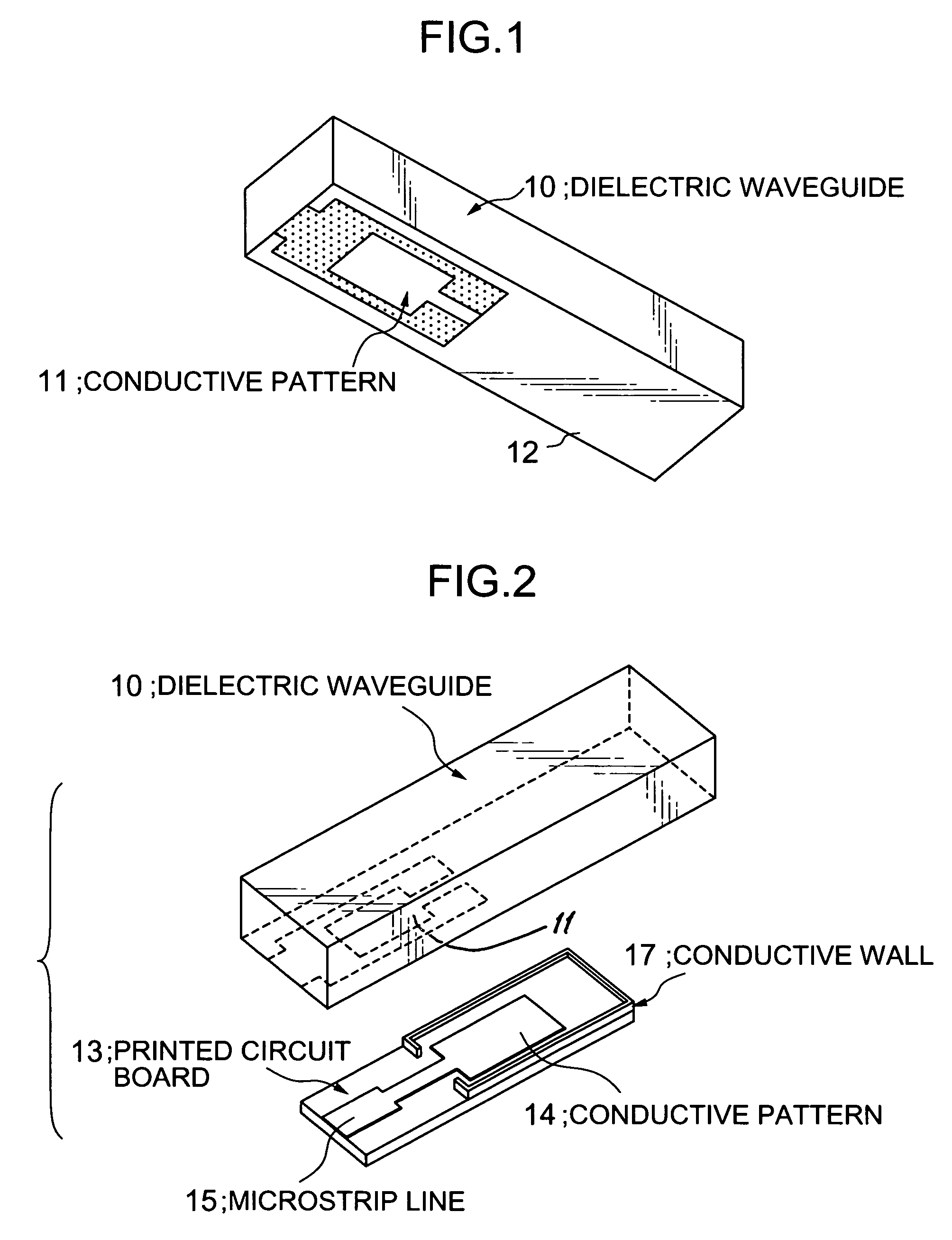 Input/output coupling structure for dielectric waveguide having conductive coupling patterns separated by a spacer