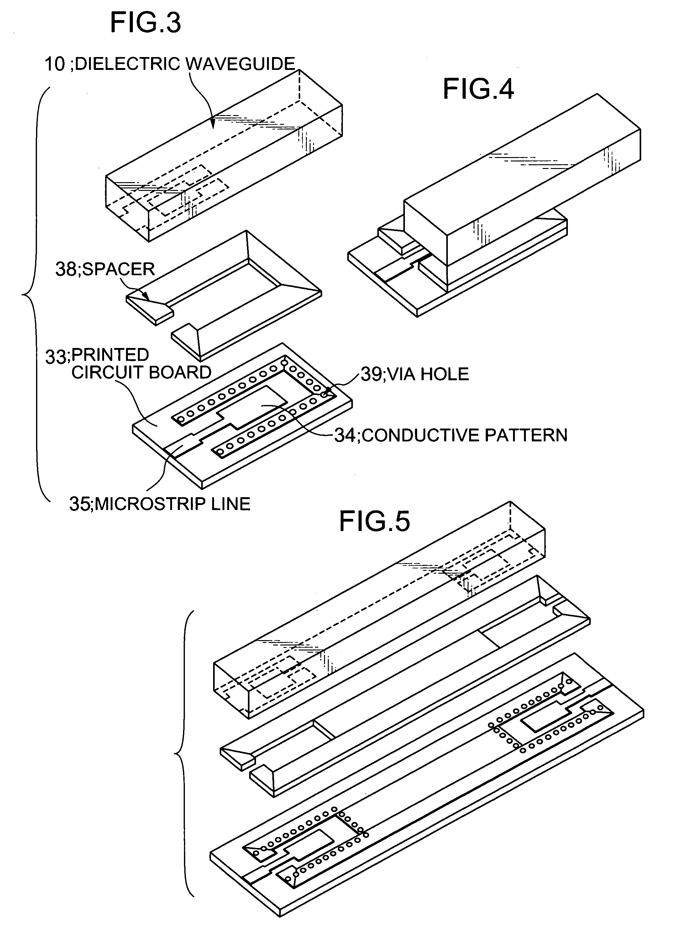 Input/output coupling structure for dielectric waveguide having conductive coupling patterns separated by a spacer