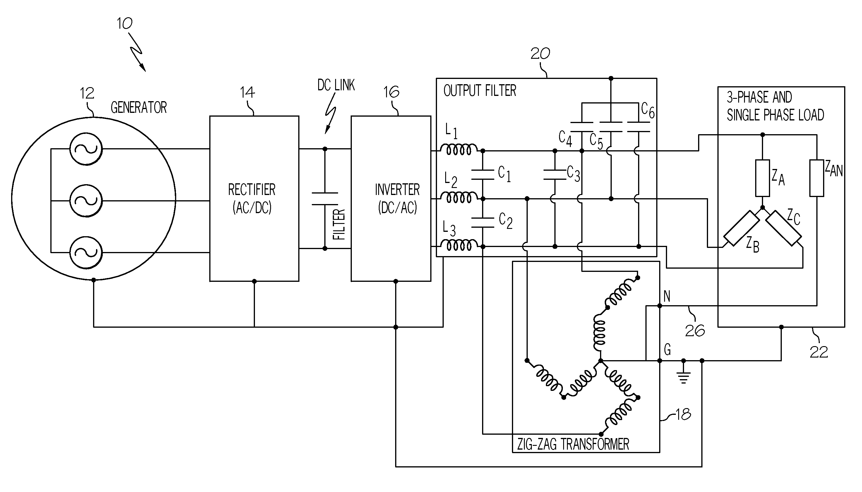 Low weight 3-phase 5-output wire power conversion system for micro-grid