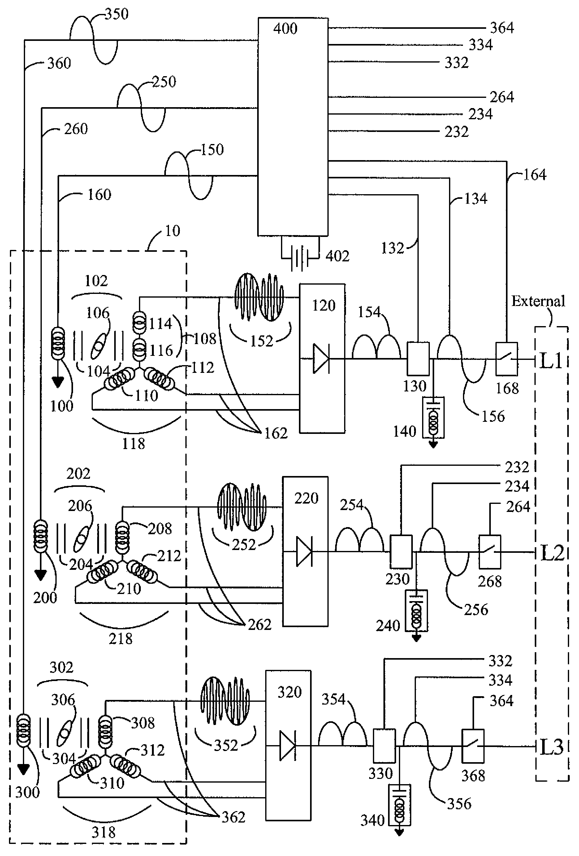 Brushless high-frequency alternator and excitation method for three-phase AC power-frequency generation