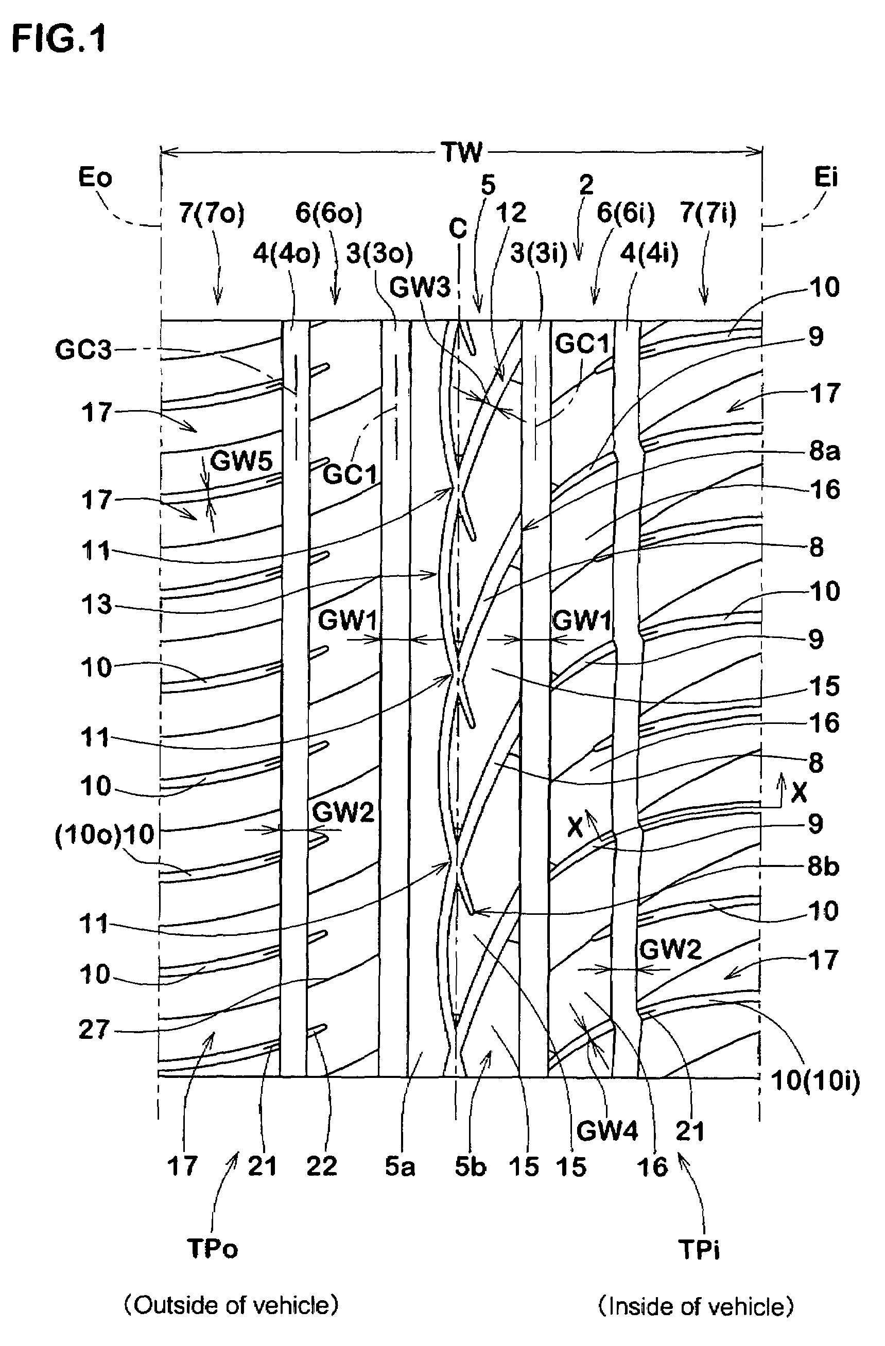 Pneumatic tire with tread having curved oblique grooves and chamfers