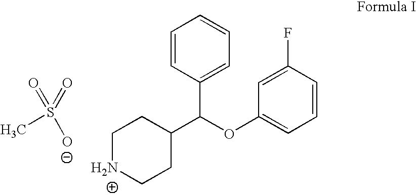 4-[(3-fluorophenoxy)phenylmethyl]piperidine methanesulfonate: uses, process of synthesis and pharmaceutical compositions