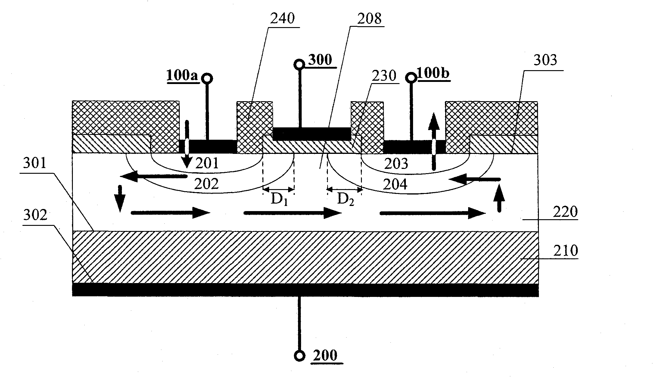 VDMOS (Vertical Double-diffusing Metal-Oxide-Semiconductor) transistor testing structure