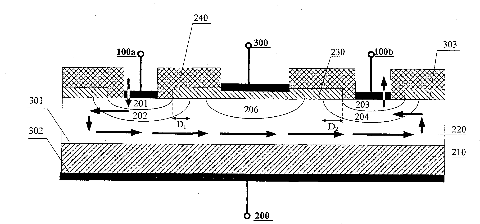 VDMOS (Vertical Double-diffusing Metal-Oxide-Semiconductor) transistor testing structure