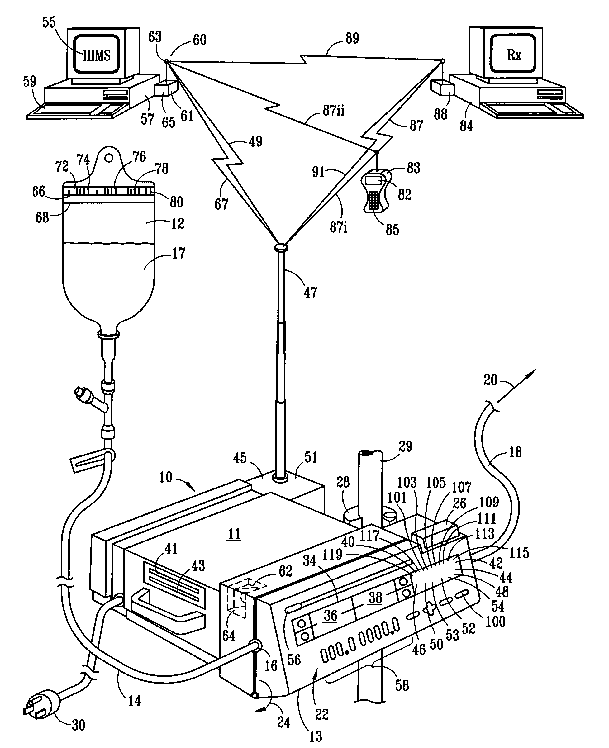 Patient medication IV delivery pump with wireless communication to a hospital information management system