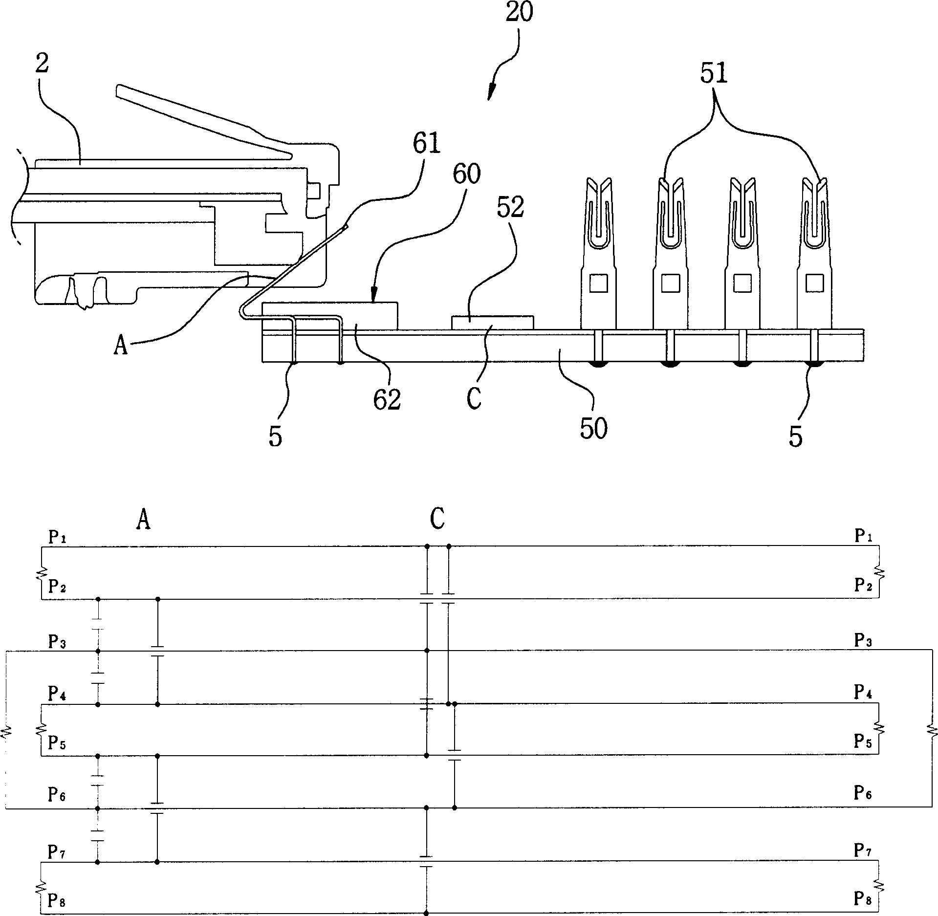 Crosstalk canceling pattern for high-speed communications and modular jack having the same