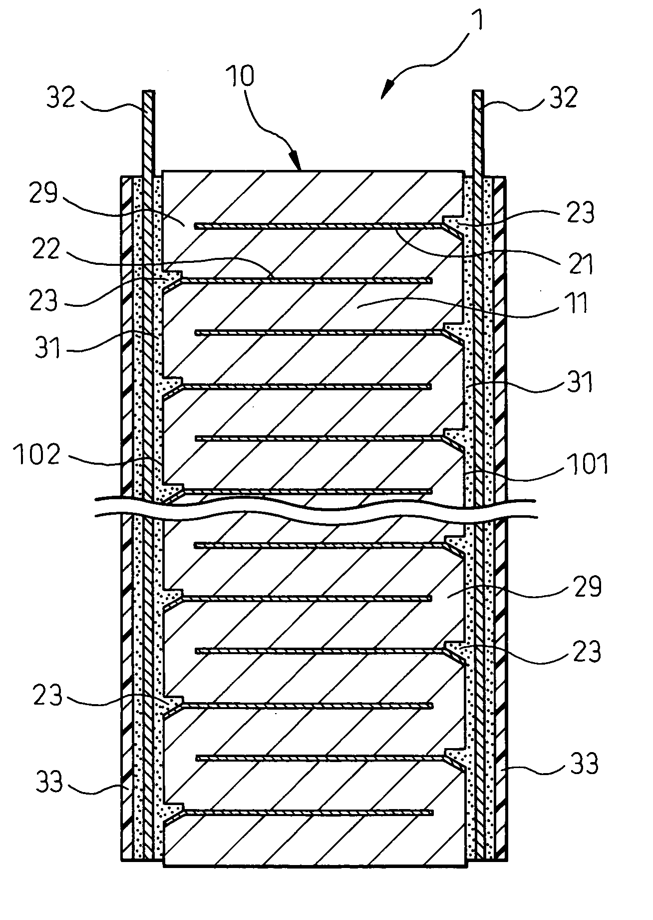 Stacked piezoelectric element and method of fabrication thereof
